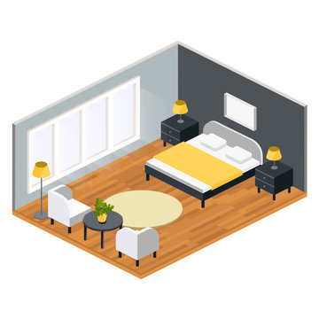 Living room isometric design with table chair king size bed nightstand carpet .vector illustration.room for newlyweds in hotel