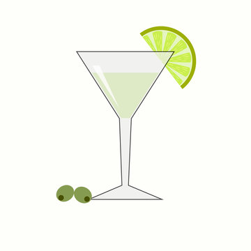 A martini glass with lime and olives on a white background