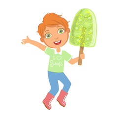 Smiling boy holding a big green fruit ice cream, a colorful character