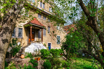 Classic french house in residential district of Strasbourg, blossom spring time, flowering and gardening.