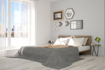 White modern bedroom with urban landscape in window. Scandinavian interior design. 3D illustration