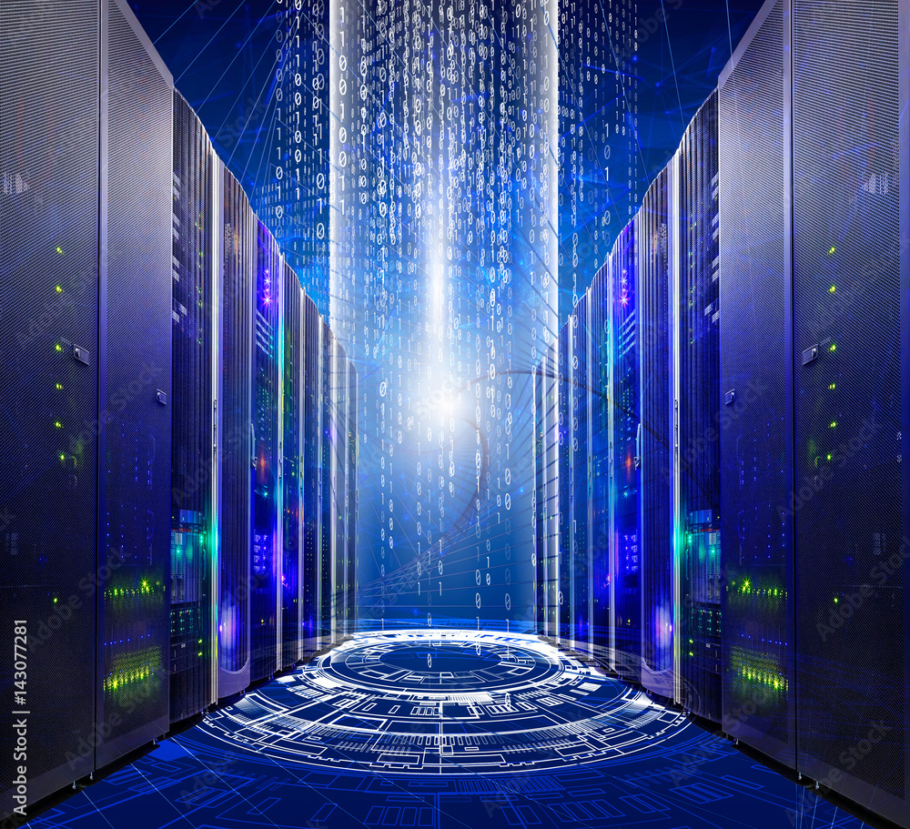 Poster series of modern supercomputers server room data center into futuristic cyberspace