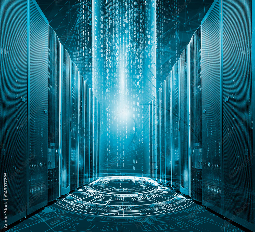 Aufkleber modern digital graph holograms flying over mainframes of server room in data center
