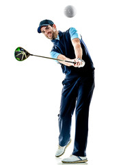 one caucasian man golfer golfing in studio isolated on white background