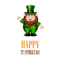 Happy leprechaun waving hand. Saint Patricks Day Card. Vector il