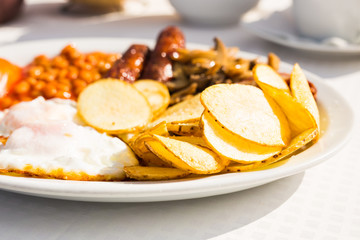 Full English Breakfast including sausages, tomatoes and mushrooms, egg, bacon, baked beans and chips.