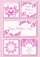 Greeting cards with pink floral ornament. Postcards in five variants for Women's Day, Mother's Day, Birthday, Anniversary, Wedding. Vector illustration