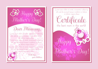 Greeting cards with floral ornament in pink and white colors. Postcards in two variants for Women's Day, Mother's Day, Birthday, Anniversary, Wedding. Vector illustration