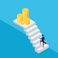 Flat 3D isometric. Businessman in suit holding briefcase walking on stair to money and success. Stair step to success.