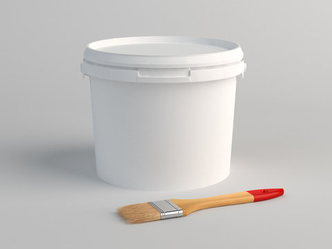 Plastic bucket and brush on floor. 3D Render