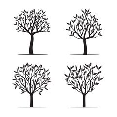Set Black Trees with Leafs. Vector Illustration.