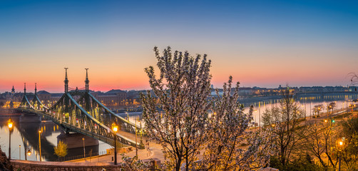 Budapest, Hungary - Panoramic skyline view of Budapest at spring time shot from Gellert hill with...