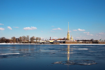 Peter and Paul fortress and the river Neva in the spring