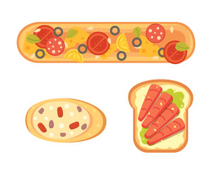 Set toasts and sandwich breakfast. Bread toast with jam, egg, cheese, blueberry, peanut butter, salami, fish. Flat vector illustration.