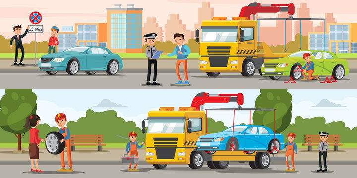 car accident scene with tow trucks and police clip art preview