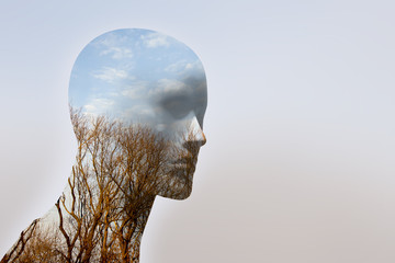 human profile is superimposed on photo of dry trees