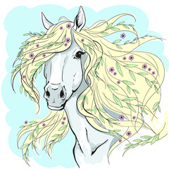 Horse portrait. Horse head with flowers. Color illustration isolated on a blue background. Color vector print.