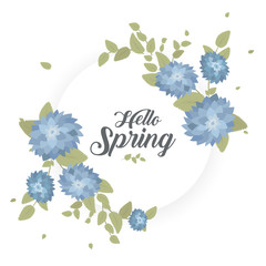 Round banner with the Hello Spring logo. Card for spring season with white frame and herb. Promotion offer with spring plants, leaves and flowers decoration. Vector.