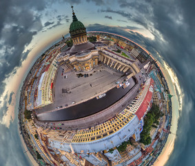 Kazan Cathedral in St. Petersburg. Panorama from the air.