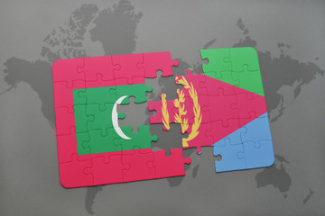 puzzle with the national flag of maldives and eritrea on a world map