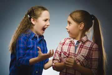 angry girl shouting at frightened dissatisfied girl. Communication concept