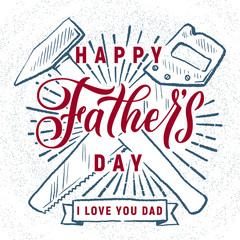 Happy Father's Day! Greeting retro card. A hammer and saw, the dad's tools.