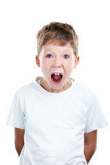 Portrait of emotional little boy on white background