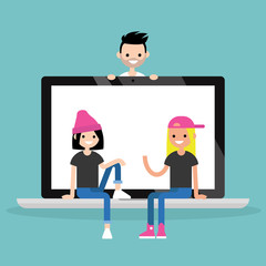 Social media concept. Millennial friends sitting on the laptop / Editable flat vector illustration