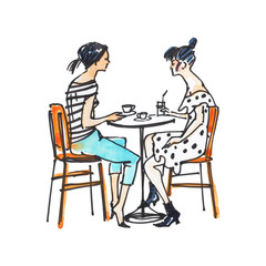 Watercolor beauty portrait of girlfriends in cafe. Hand drawn street style young woman with coffee. Isolated sketching fashion illustration on white background