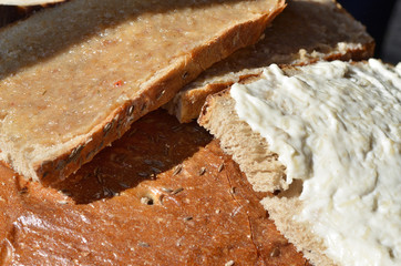Fresh rye bread. Slice of bread with paste. Czech Republic.