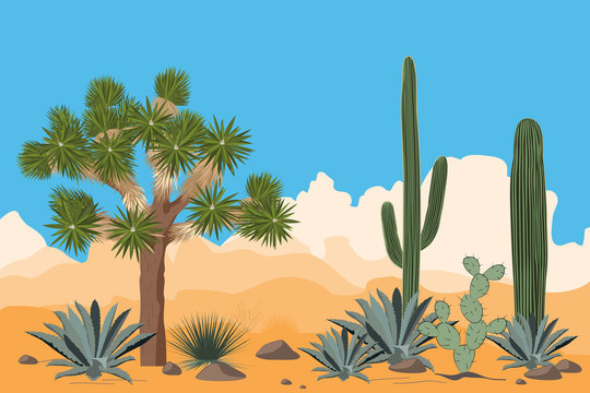 Desert pattern with joshua trees, opuntia, agave, and saguaro cacti. Mountains background.