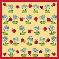 Ladybug and chamomile. Pattern. Stylized images of ladybirds and daisies, the character of children's cartoons. Design for textiles, tapestries, packaging, environmental background of the poster.