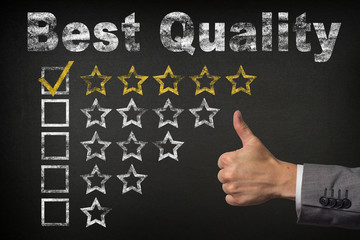 Best Quality five 5 star rating. thumbs up service golden rating stars on chalkboard