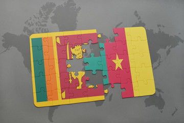 puzzle with the national flag of sri lanka and cameroon on a world map