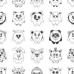 Seamless pattern with different cute animals. Children's pattern for decoration. Vector illustration of a sketch style.