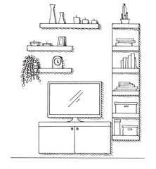 Fototapeta premium Hand drawn sketch. Linear sketch of the interior. Bookcase, dresser with TV and shelves. Vector illustration