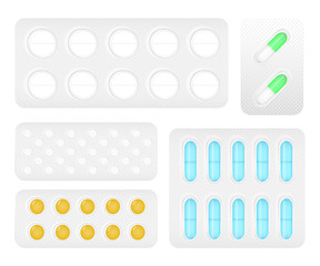 Set of vector blisters with tablets and capsules, isolated on white background. Vector illustration.