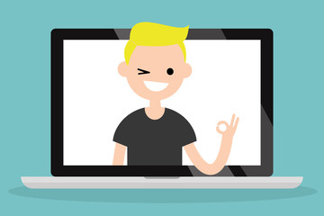 Pop up portrait of smiling winking blond boy saying 