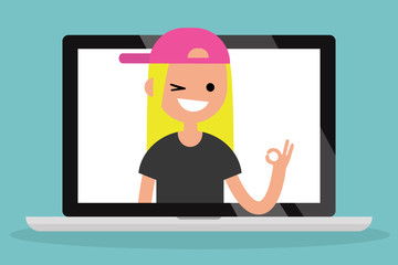 Pop up portrait of smiling winking blond girl saying 