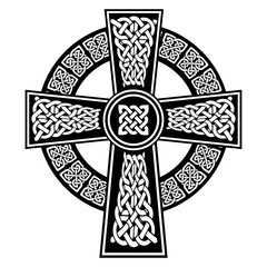 Celtic style Cross with  endless knots patterns in white and black with stroke elements and surrounding black ring  inspired by Irish St Patrick's Day, and Irish and Scottish carving art
