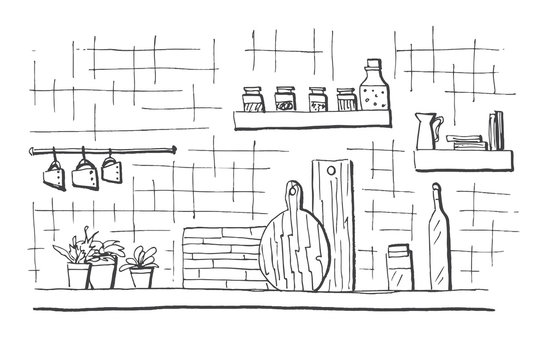 Kitchen worktop. Table top in the kitchen. Vector illustration in sketch style.