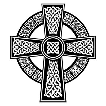 Celtic style Cross with  endless knots patterns in white and black with stroke elements and surrounding black ring  inspired by Irish St Patrick's Day, and Irish and Scottish carving art

