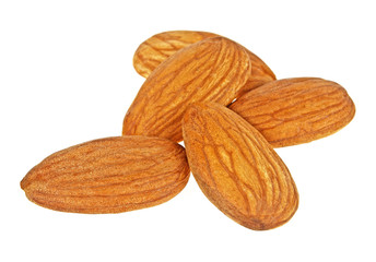 Heap of almond nuts isolated on white background