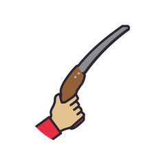hand holding simple saw carpentry tool vector icon illustration