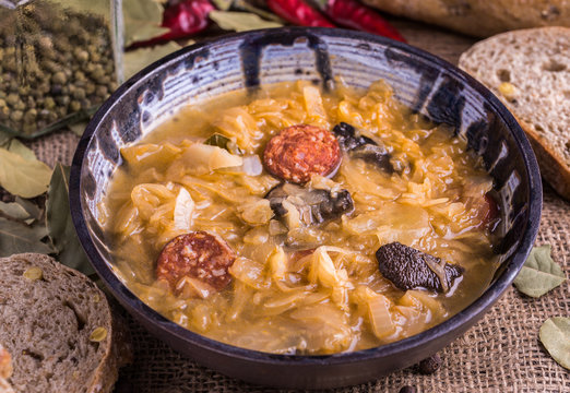Christmas slovak national cabbage soup with mushrooms on natural background.