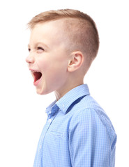 Cute little boy on white background