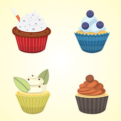 Set of cute vector cupcakes and muffins. Colorful cupcake isolated for food poster design.