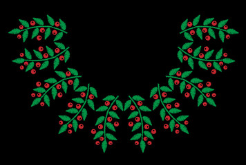 Green leaf with red berry embroidery stitches imitation on the black background