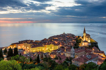 Panoramic view of Adriatic sea and city of Piran in Istria, Slovenia. 
Piran is one of Slovenia's major tourist attractions. 