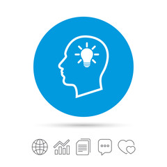 Head with lamp bulb sign icon. Male human head.